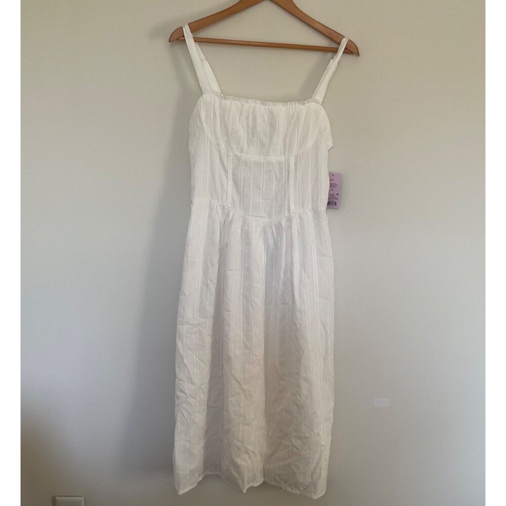 Wild Fable White Textured Cotton Milk Maid Corset Midi Dress S Smocked Pockets